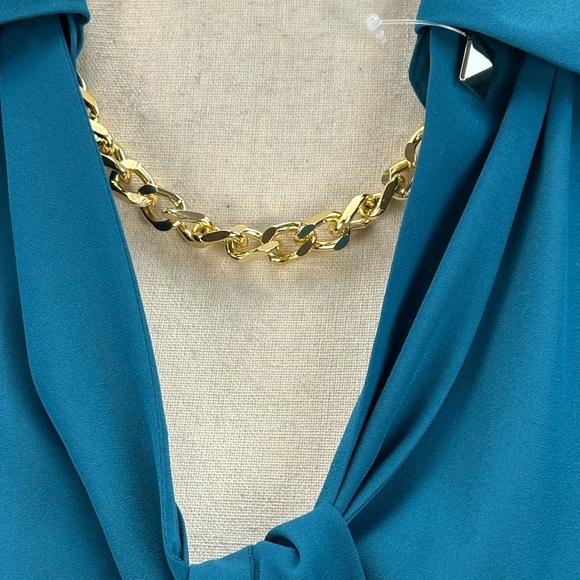 INC Long Sleeve Collared Tie Neck Chain Detail Blouse - Blue Green - size Medium - Picture 5 of 9